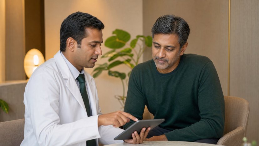 Doctor reviewing results on a tablet with a male patient