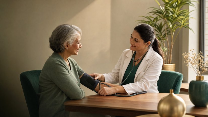 Clinician checking an older woman's blood pressure