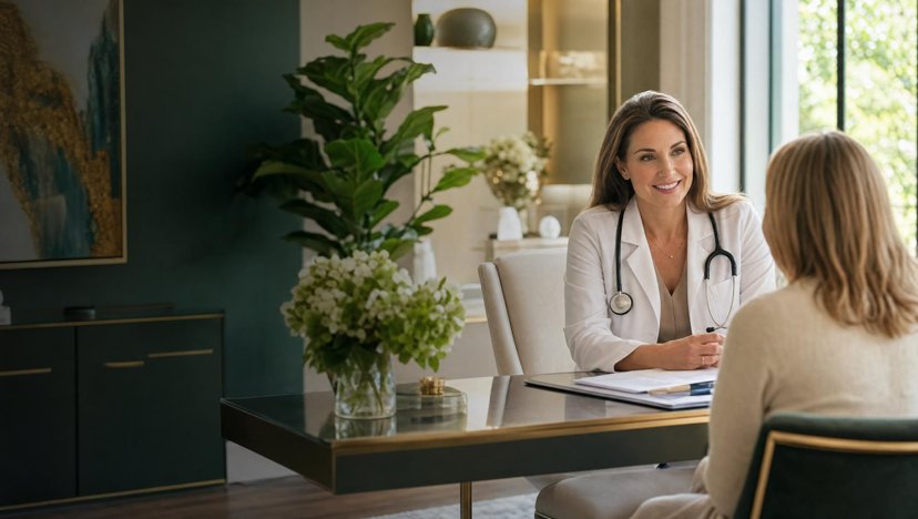 Physician smiling across a desk at a patient