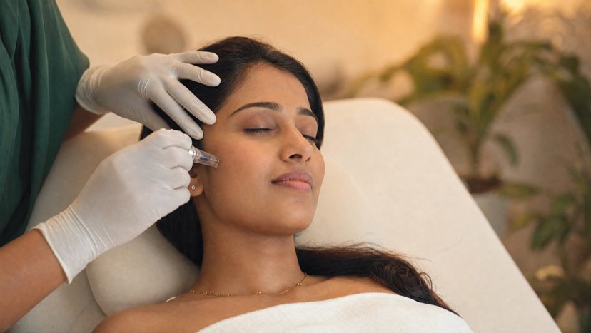 Gloved provider treating a relaxed woman's face near the temple