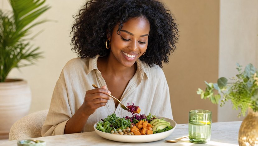 Smiling woman eating a vegetable and grain bowl