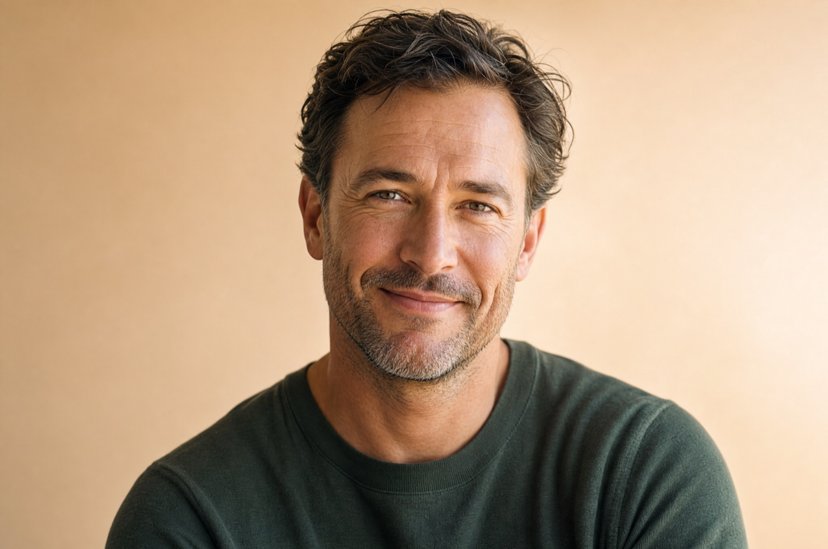 Smiling middle-aged man in a green sweater