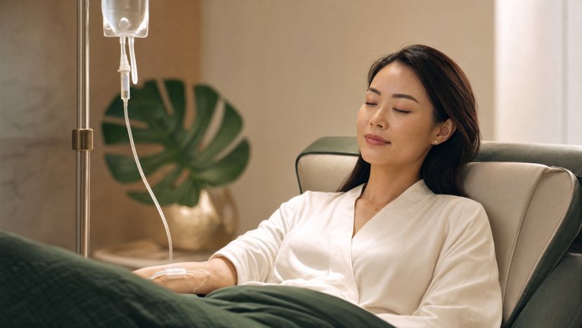 Woman resting in a recliner while receiving an IV infusion