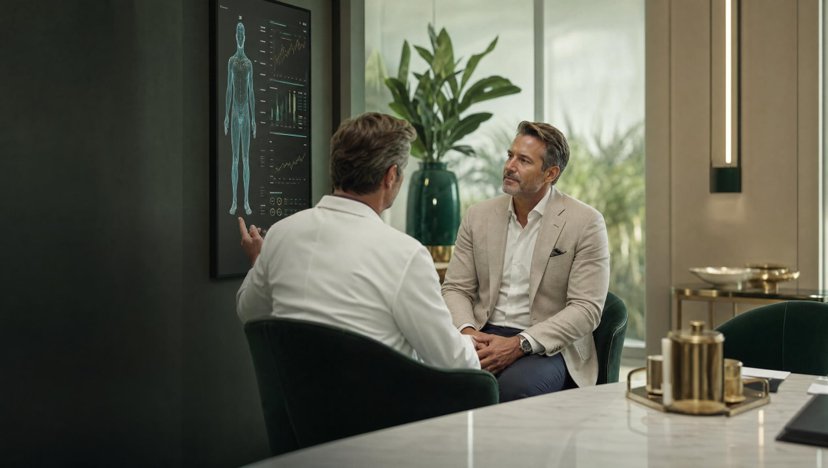 Physician talking with a male patient in a modern office