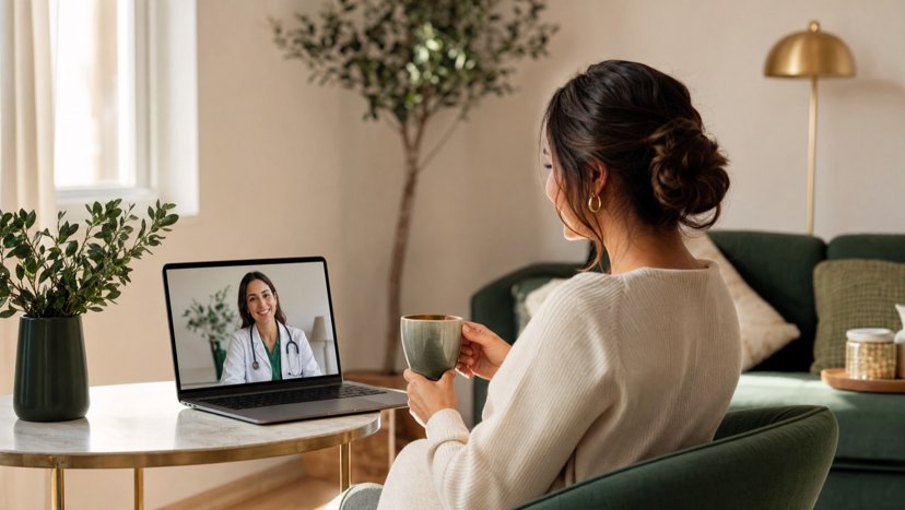 Woman on a video call with a clinician from her living room