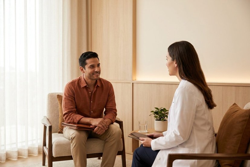 Man in a rust shirt meeting with a clinician in a consultation room