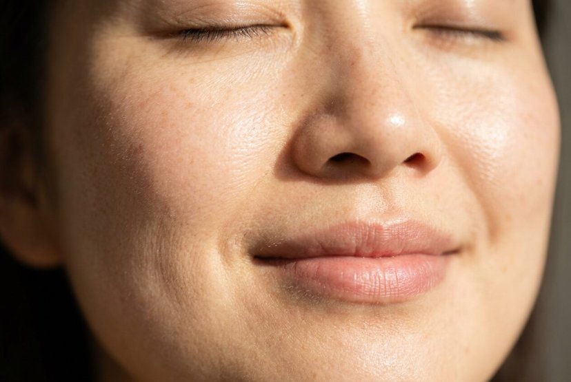 Close-up of a smiling woman's lips and cheeks, eyes closed