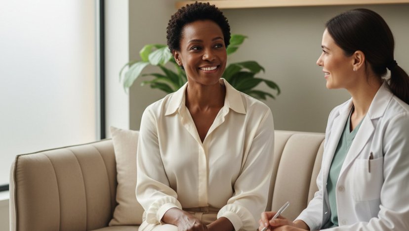 Smiling woman talking with a clinician on a sofa