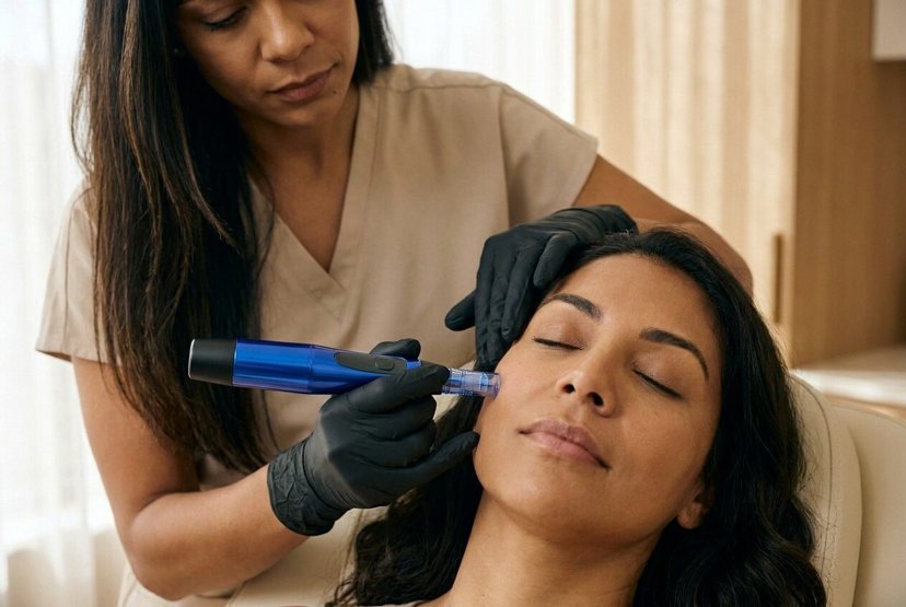 Provider performing microneedling with a SkinPen on a woman's cheek