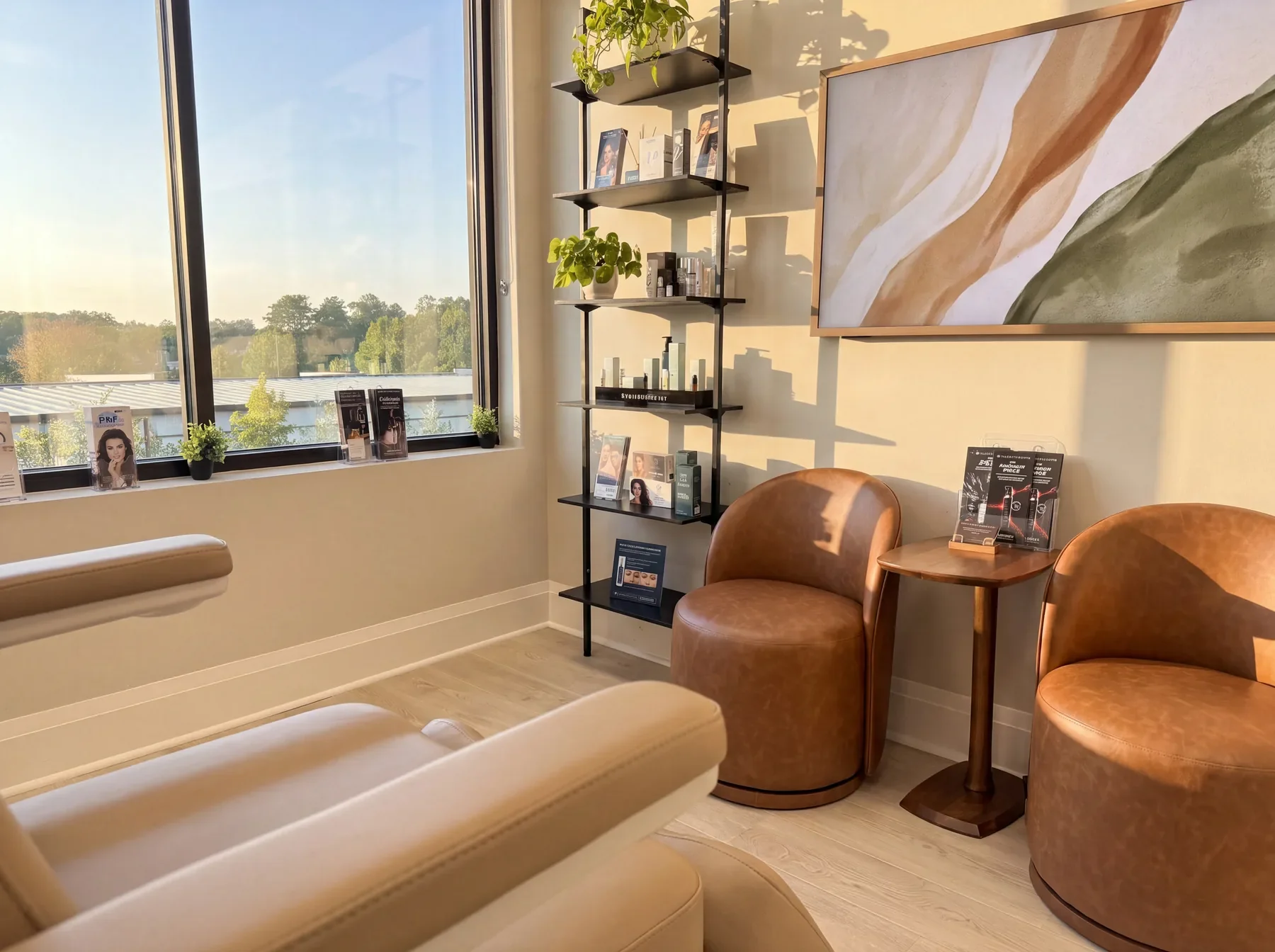 The GENEVA Med lounge with leather chairs, a window view and wall art