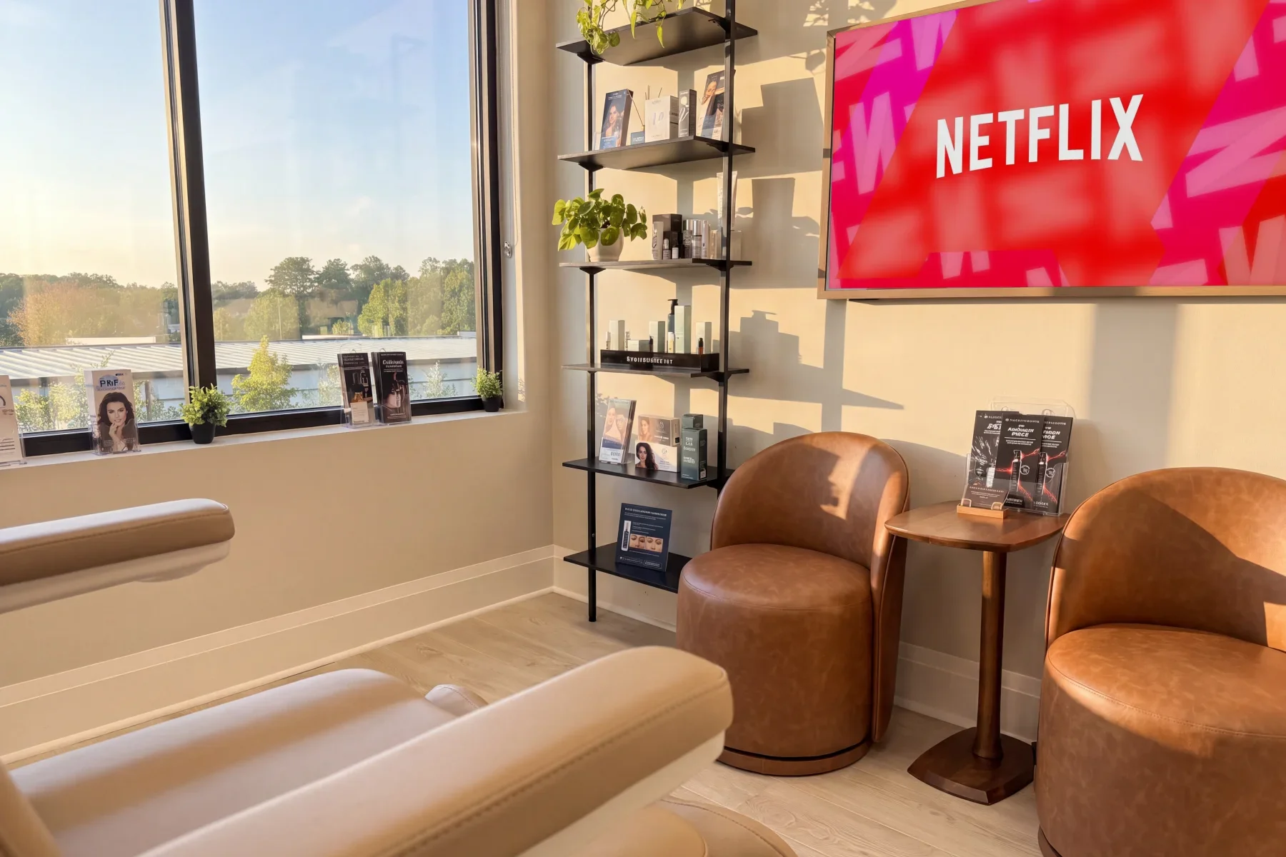 The GENEVA Med lounge with leather chairs and a TV